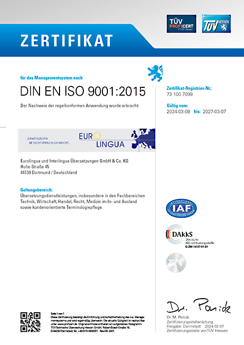Certificato in conformità alla norma DIN EN ISO 9001:2015