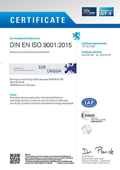 Certificate in accordance with the standard DIN EN ISO 9001:2015