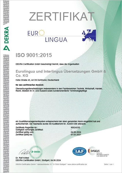 Ihr zweifach zertifiziertes Übersetzungsbüro in Dortmund: ISO 9001:2015