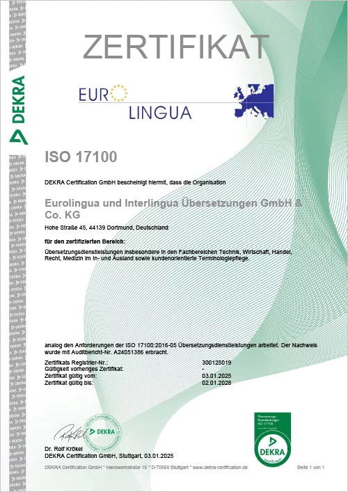 Gescanntes Dokument: Zertifikat ISO 17100