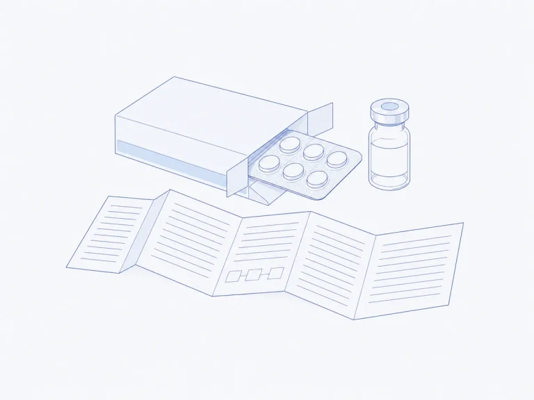 Arzneimittelpackung mit Blister, aufgefaltete Packungsbeilage und Ampulle