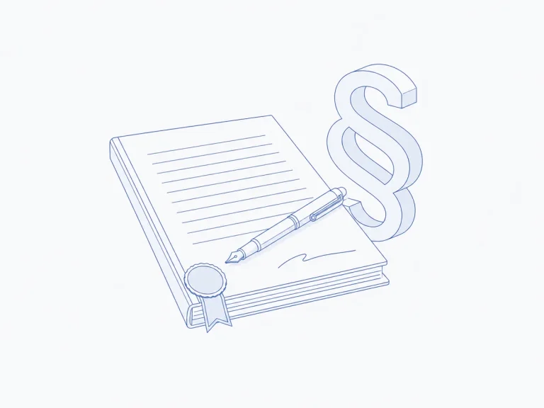 Gebundener Vertrag mit Notarsiegel und Füller vor einem großen Paragrafenzeichen