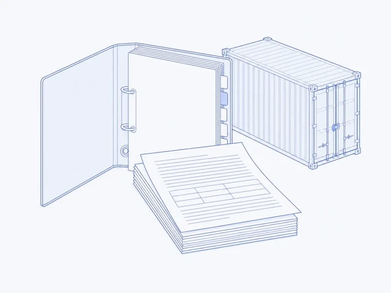 Ausschreibungsordner mit Registern, Angebotsstapel mit Preistabelle und Container