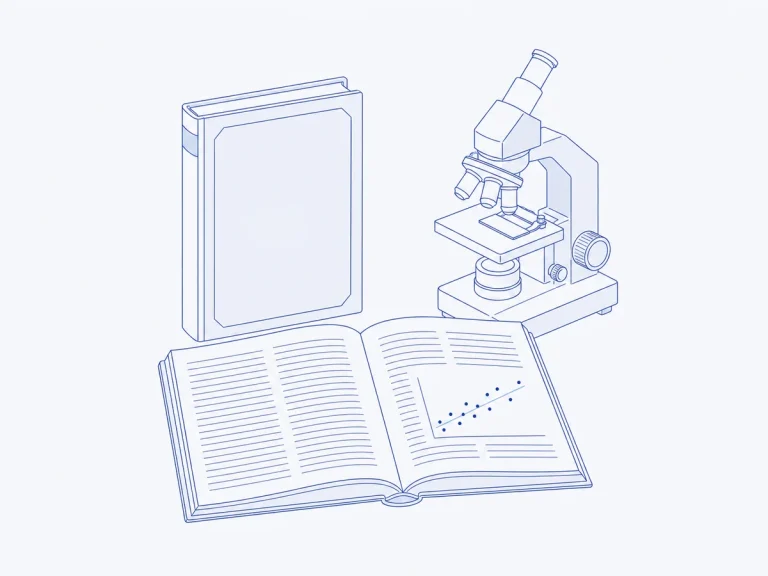 Aufgeschlagene Fachzeitschrift mit Streudiagramm, gebundene Dissertation und Mikroskop
