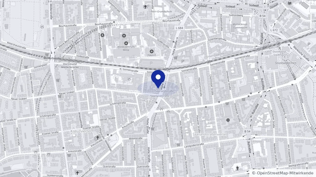 Map: Hohe Straße 45, 44139 Dortmund, next to the Saarlandstraße light rail stop